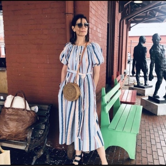 ULLA JOHNSON Elan Off The Shoulder Seersucker Jumpsuit in Sky - Picture 11 of 11